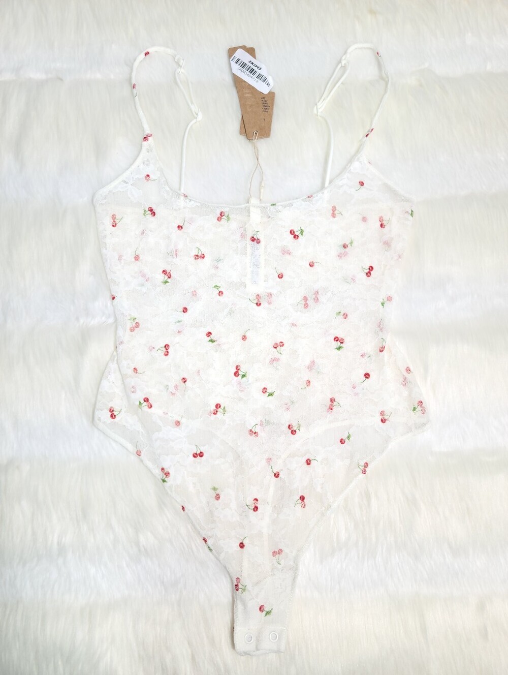 SKIMS Stretch Lace Thong Bodysuit Ivory Cherry Print Women Small NEW